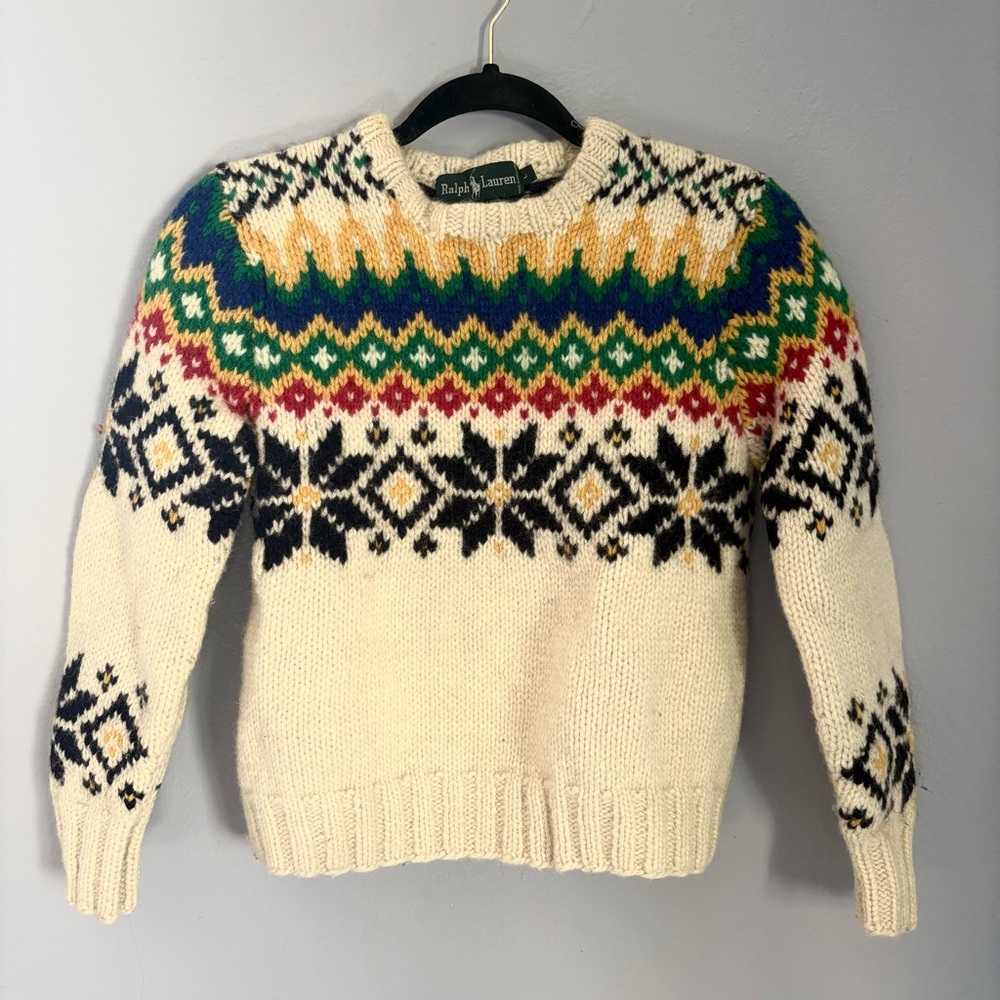 Vintage 80s Ralph Lauren Cream Fair Isle Wool Sweater / Vintage Cowichan